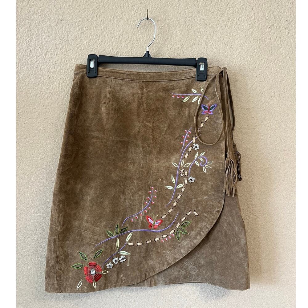 Vtg Brandon Thomas brown suede 100% leather floral embroidered wrap skirt sz 10